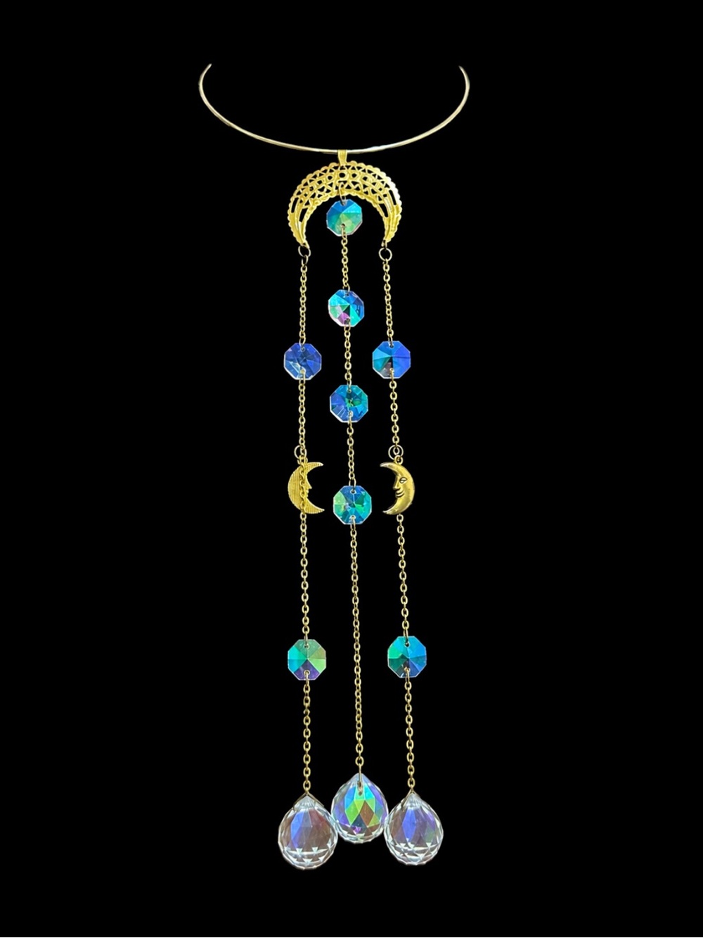 Gold Moon & Crystal Drop Necklace with Blue-Green Beads